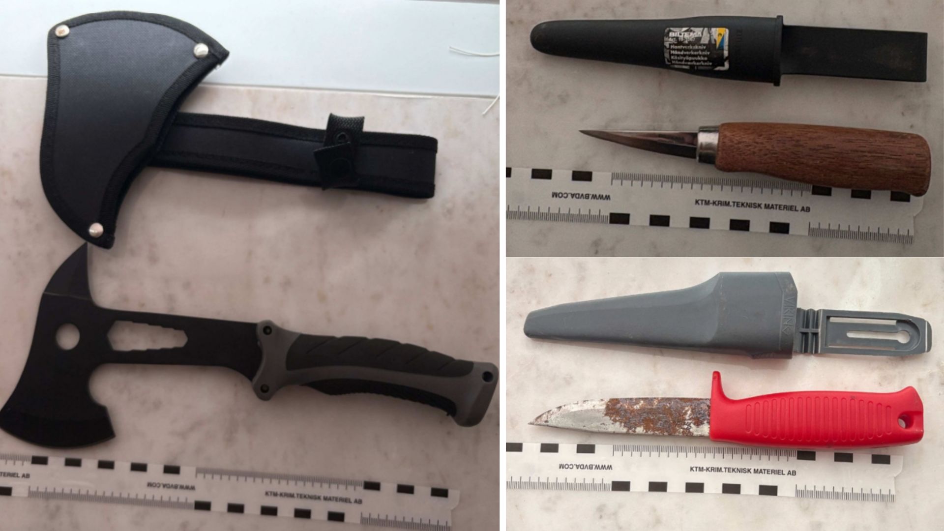 En yxa, en Biltema-kniv med ca 5,5 cm blad och en Morakniv med ca 9,5 cm blad. Foto: Polisen
