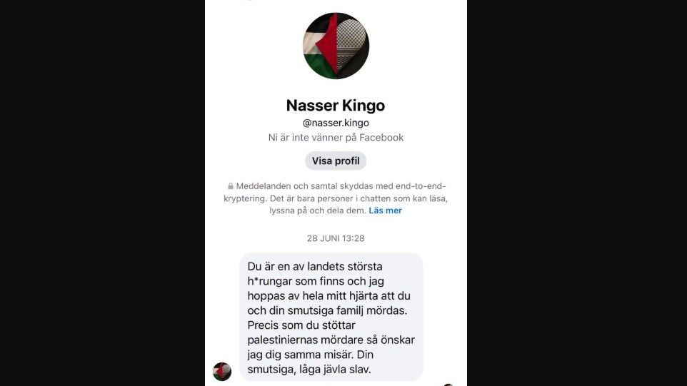 Facebookprofilen Nasser Kingo har uttalat hot mot Richard Jomshofs familj - hotet anmäls, skriver Jomshof i ett inlägg. (Foto: Faksimil Facebook)