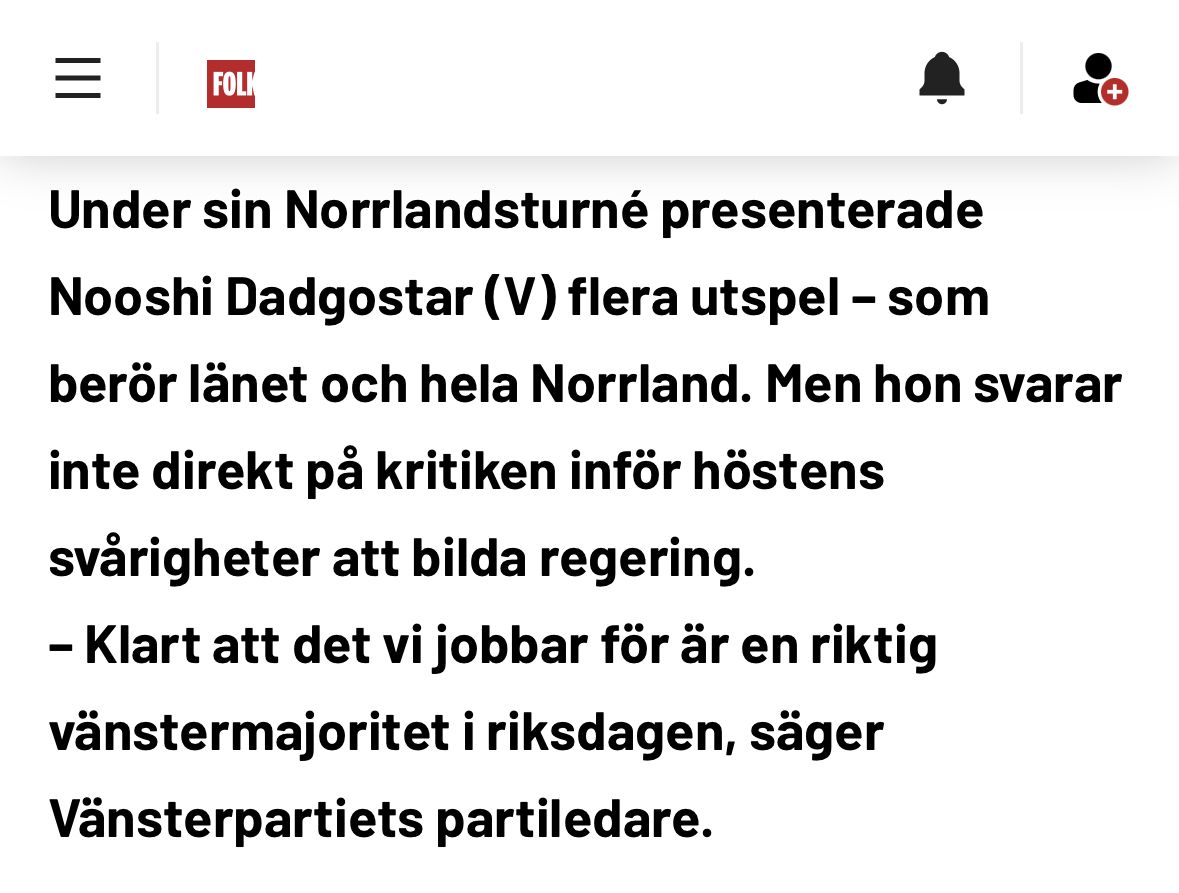 Folkbladet intervjuade Nooshi Dadgostar (V) men inte Jimmie Åkesson (SD). Foto: Skärmdump/Folkbladet