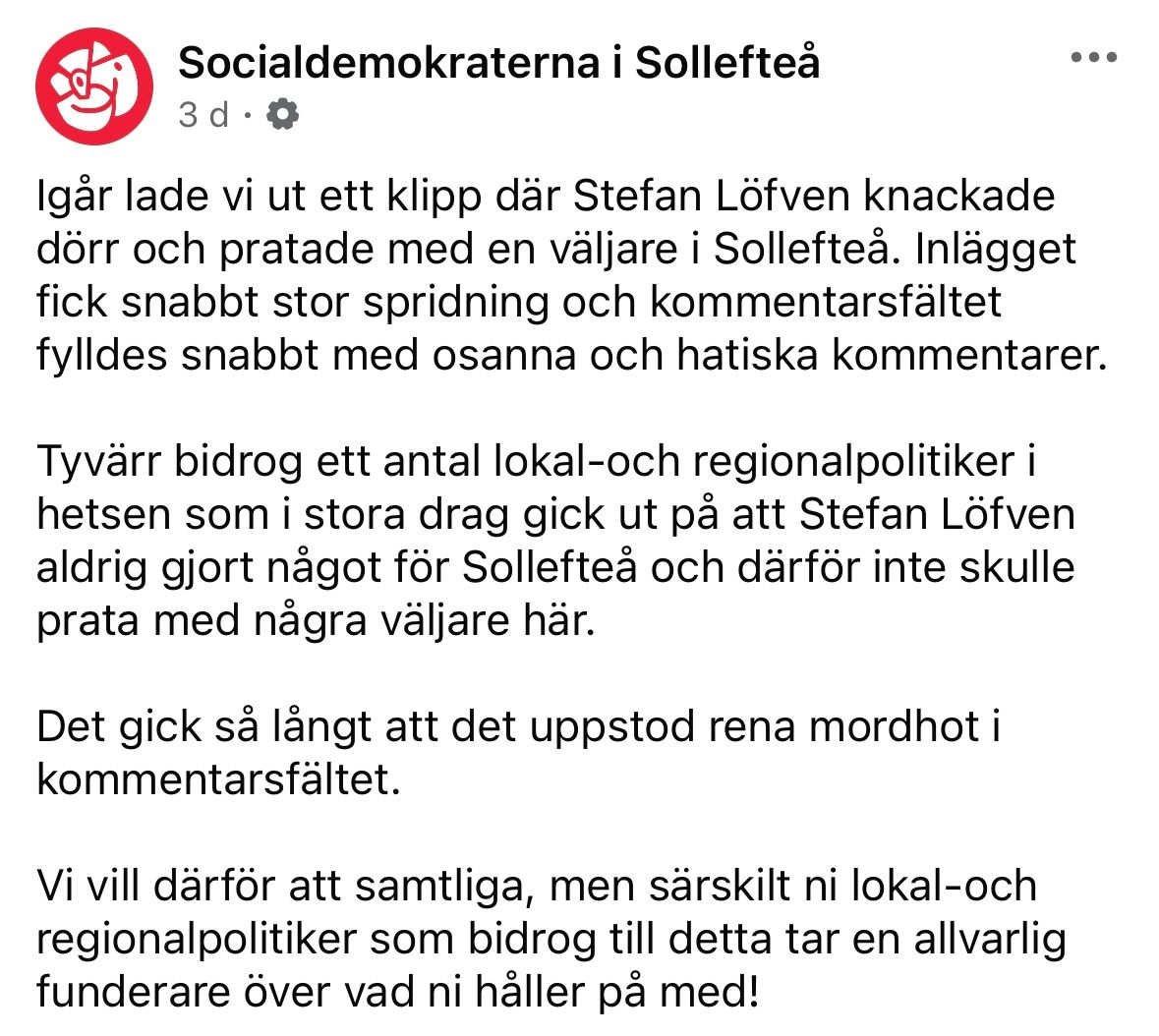 Socialdemokraterna i Sollefteå lade ut ett Facebook-inlägg i söndags om kommentarerna. Skärmdump/Facebook