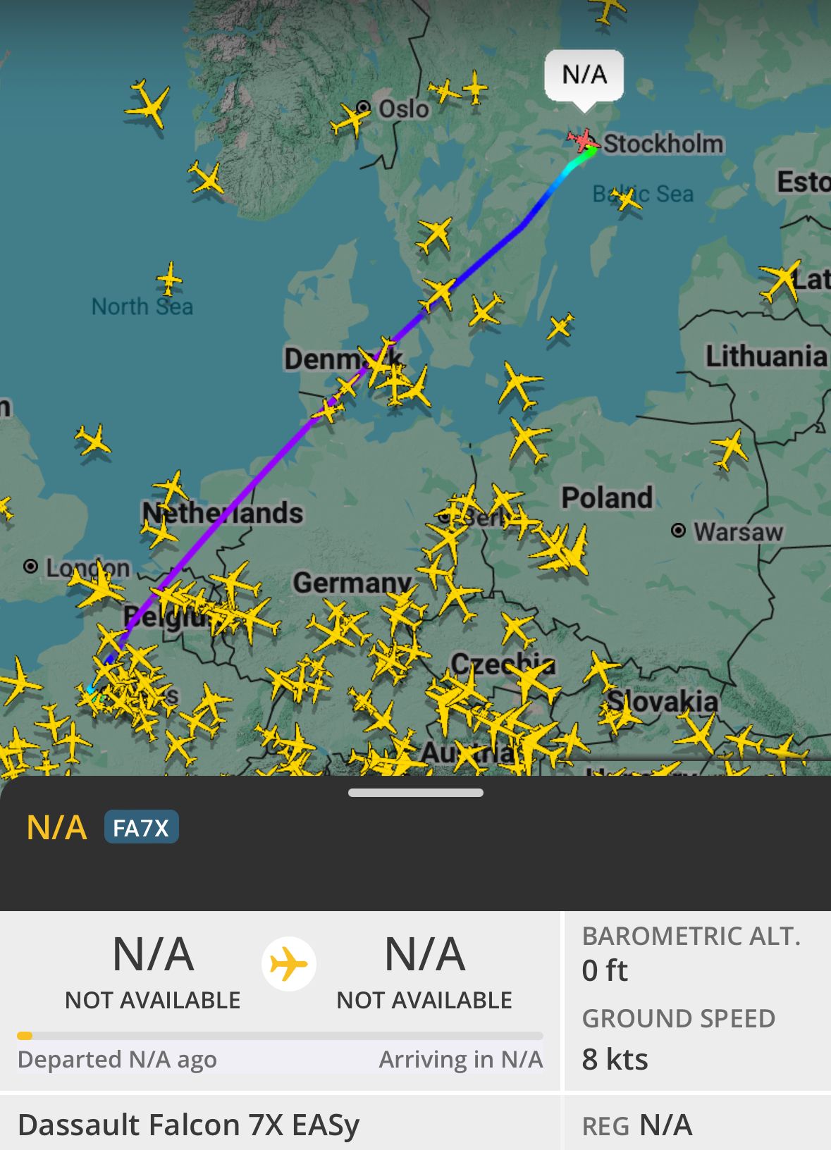Flygplanets resa från Paris till Stockholm. Foto: Flightradar24