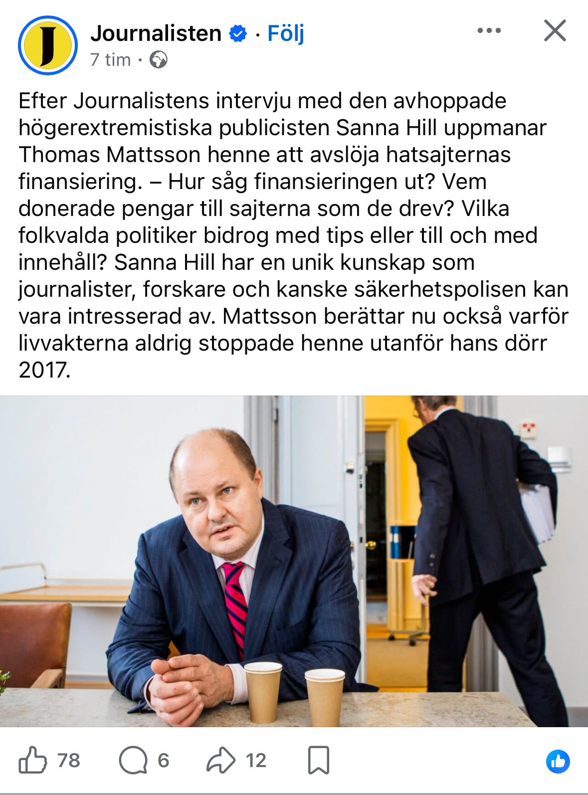 Tidningen Journalisten lade ut artikeln på Facebook. Foto: Skärmdump/Facebook