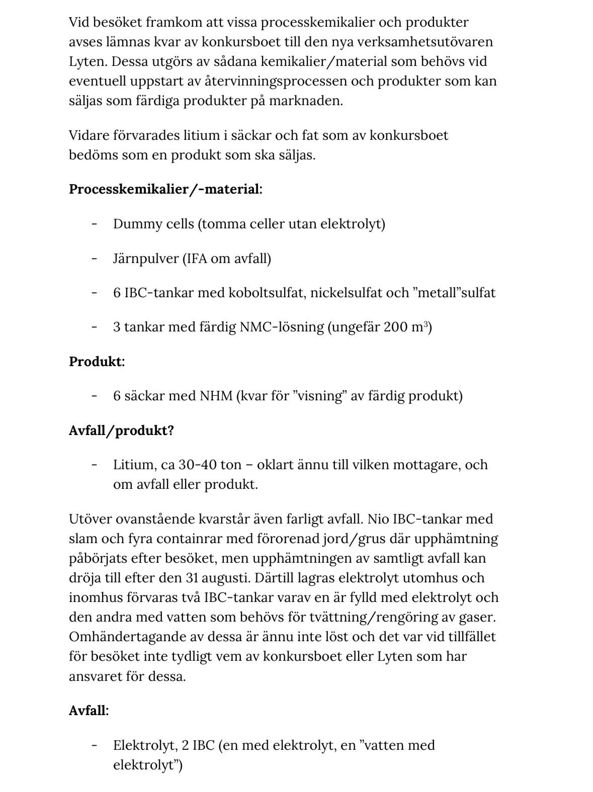 Tillsynsrapporten från besöket på Northvolt i Skellefteå.&nbsp;