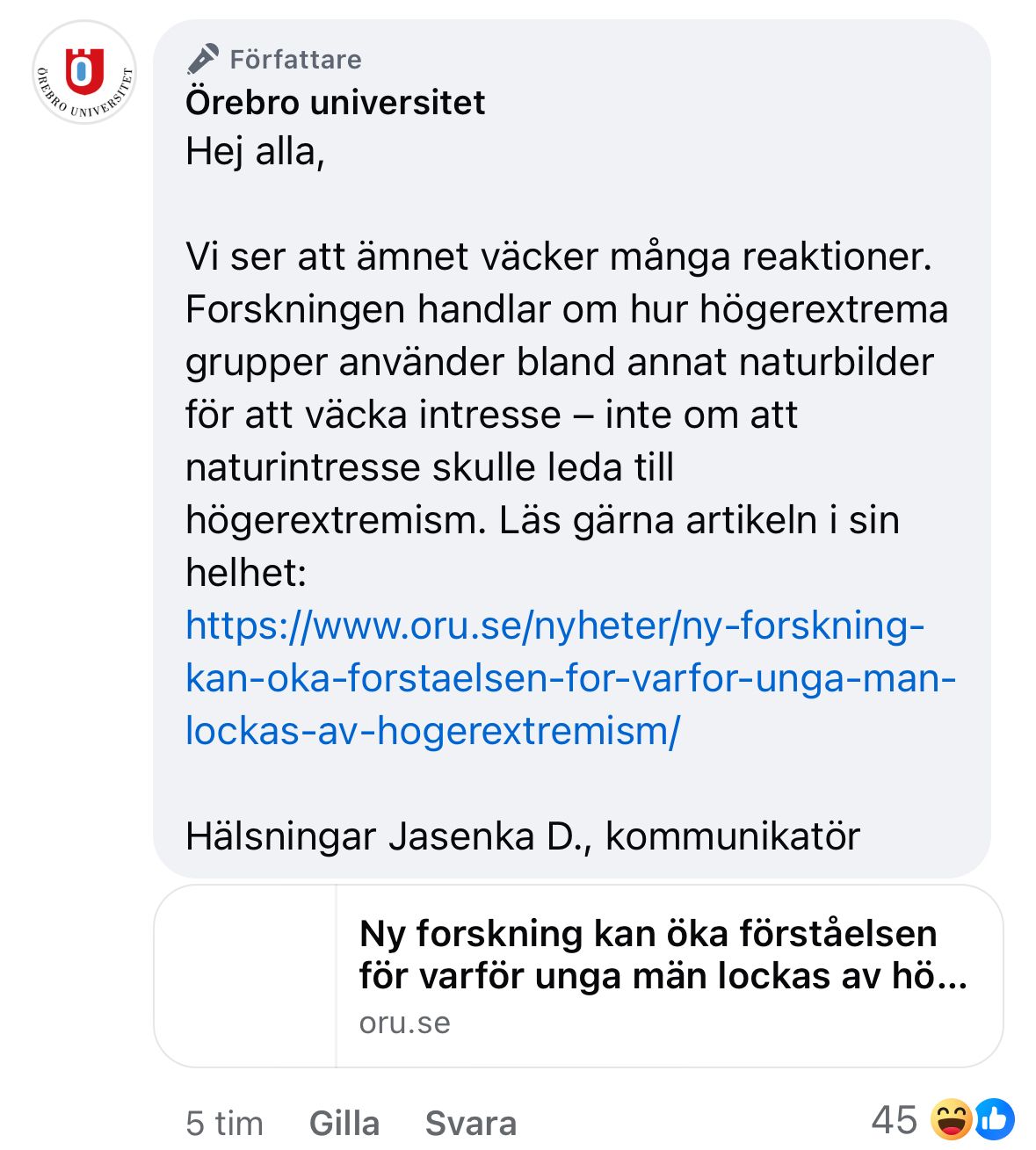 Skärmdump: Örebro universitet/Facebook