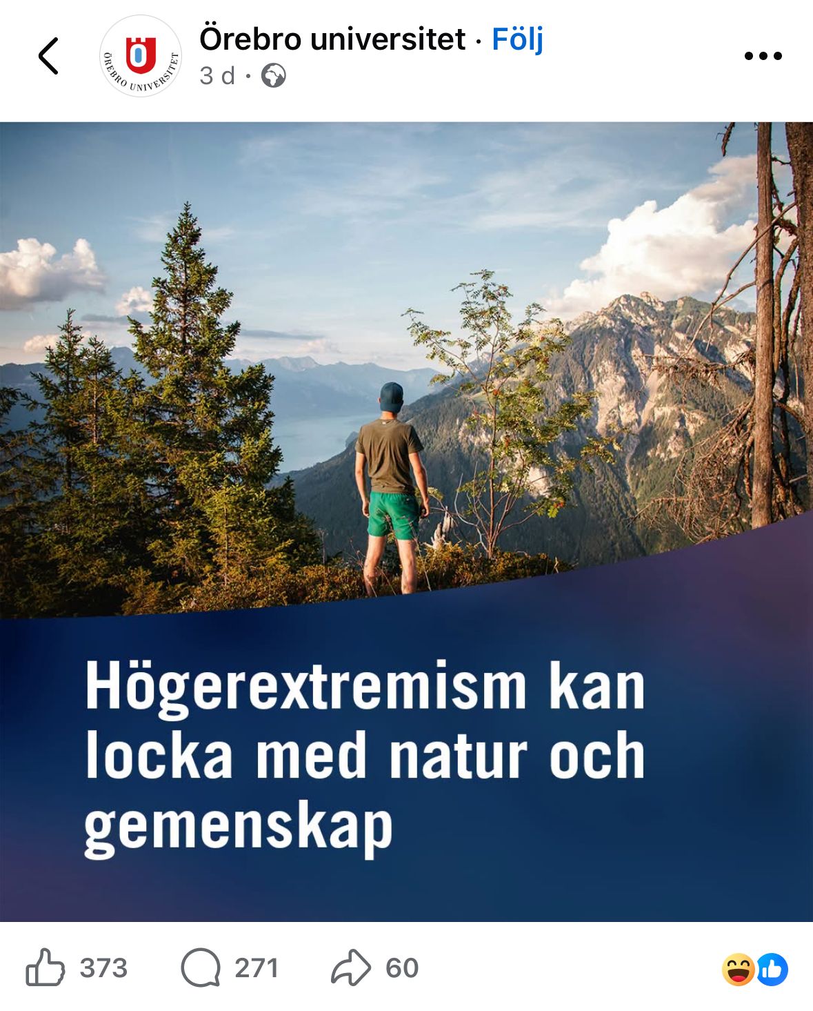 Inlägget på Facebook fick många kommentarer, den överhängande majoriteten var kritiska. Foto: Örebro universitet/Facebook