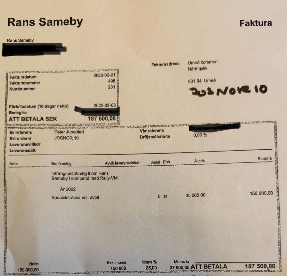 Fakturan som Rans sameby skickade till Umeå kommun 2022.