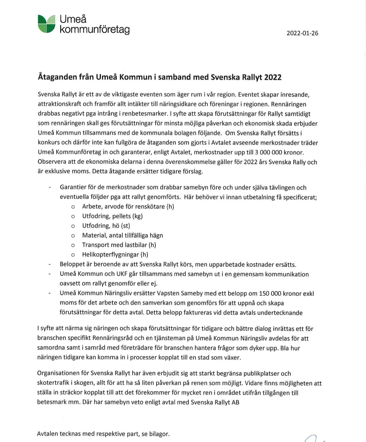 Åtaganden gällande garantier till Vapstens sameby 2022.