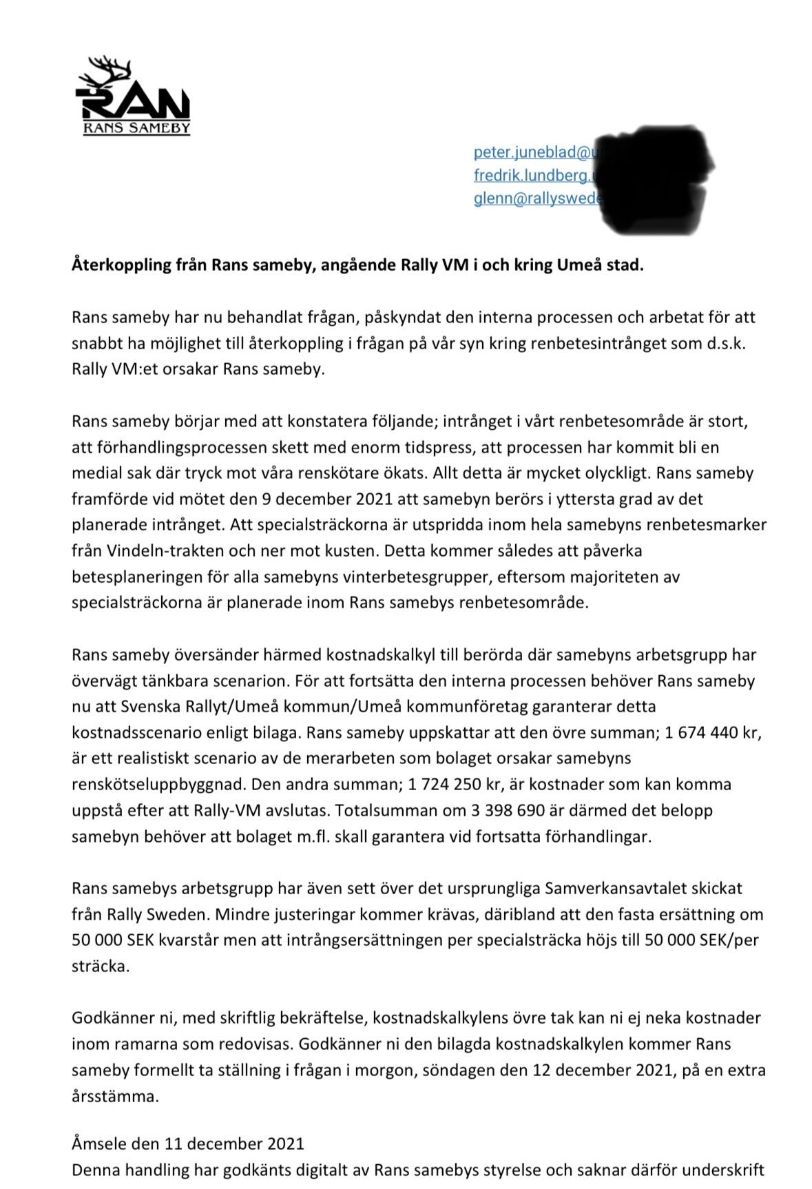 Brevet som Rans sameby skickade till kommunen i samband med att de lämnade sitt kostnads