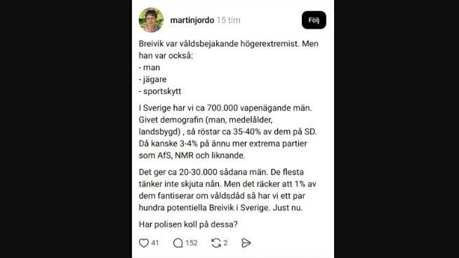 Martin Jordö attackerar män, jägare och sportskyttar på en och samma gång och jämför dem med massmördaren Anders Behring Breivik. (Foto: Faksimil Threads)
