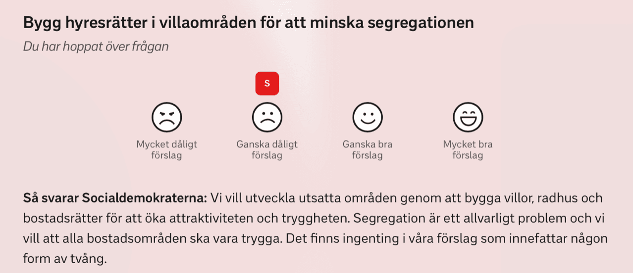 Socialdemokraterna svar på frågan om att bygga hyresrätter i villaområden i SVT:s valkompass. Foto: Skärmdump.&nbsp;