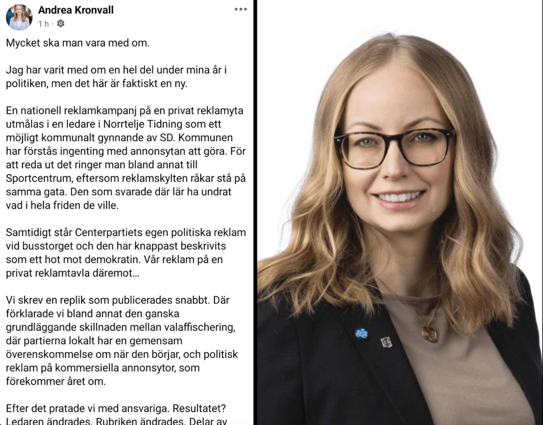 Till vänster: Andrea Kronvalls inlägg på Facebook. Till höger: Andrea Kronvall (SD). Foto: Skärmdump, Sverigedemokraterna Norrtälje.&nbsp;