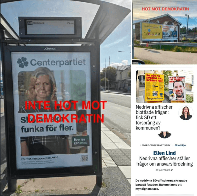 På bilden syns bilder från Andrea Kronvalls inlägg på Facebook. Där syns bilder på Centerpartiets och Sverigedemokraternas affischer samt bilder på de två olika versionerna av Ellen Linds ledare. Foto: Skärmdump.&nbsp;