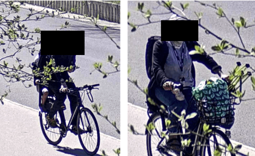 Bild från övervakningskamera där tilltalad handlar med sin familj med sitt egna kort trots rapporterat arbetstid. Foto: Polisen.&nbsp;