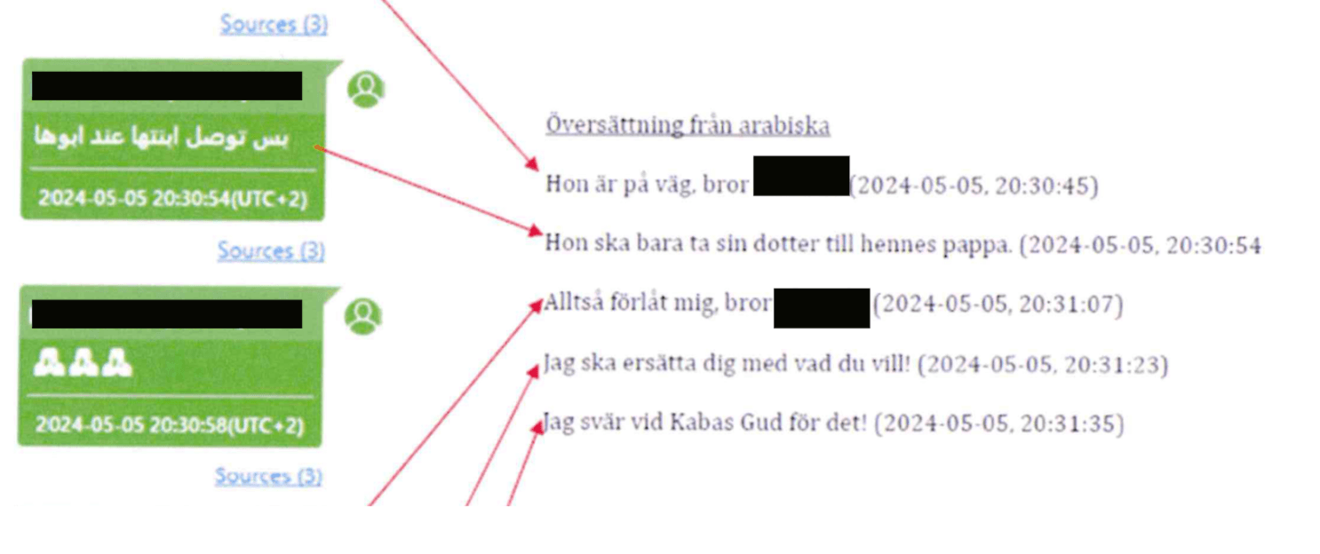 Foto från förundersökningen som visar sms-konversationer mellan brukaren och tilltalad. Foto: Polisen.&nbsp;