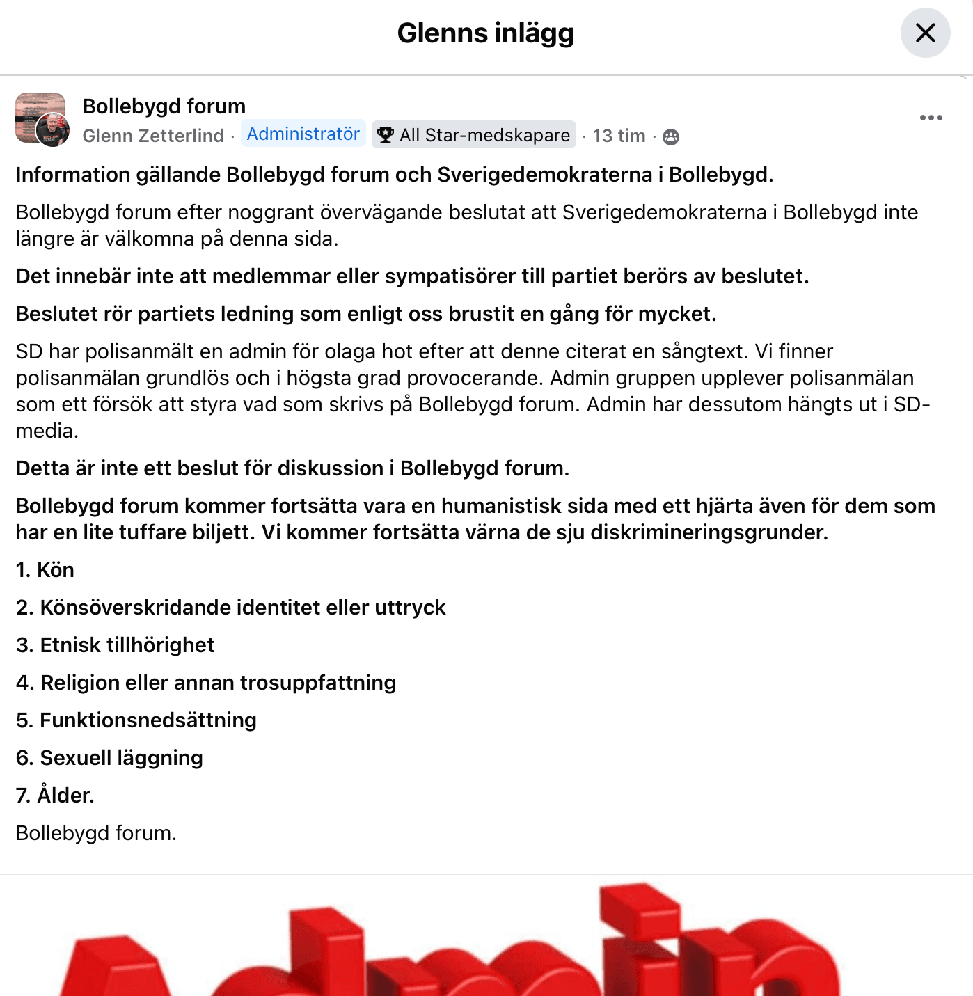 Inlägget som Glenn Zetterlind publicerade i facebookgruppen Bollebygd forum. Foto: Skärmdump.&nbsp;