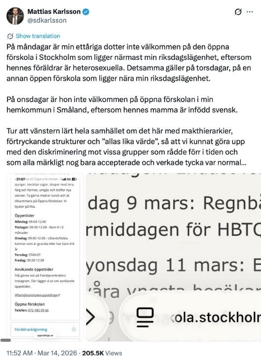 Mattias Karlsson berättar om när hans dotter inte var välkommen på den öppna förskolan i ett inlägg på X. Foto: Skärmdump.&nbsp;