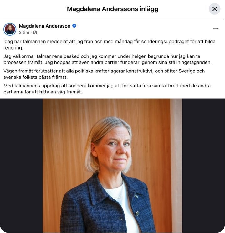 Magdalena Andersson (S) kommenterar talmannens besked om sonderingsuppdraget på sociala medier. Foto: Skärmdump.&nbsp;