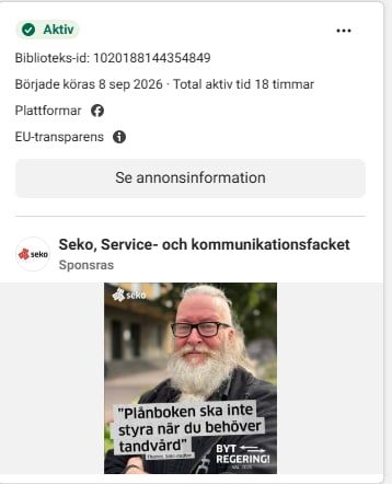 På onsdagsförmiddagen ligger en ny annons från Seko ute. Skärmdump.