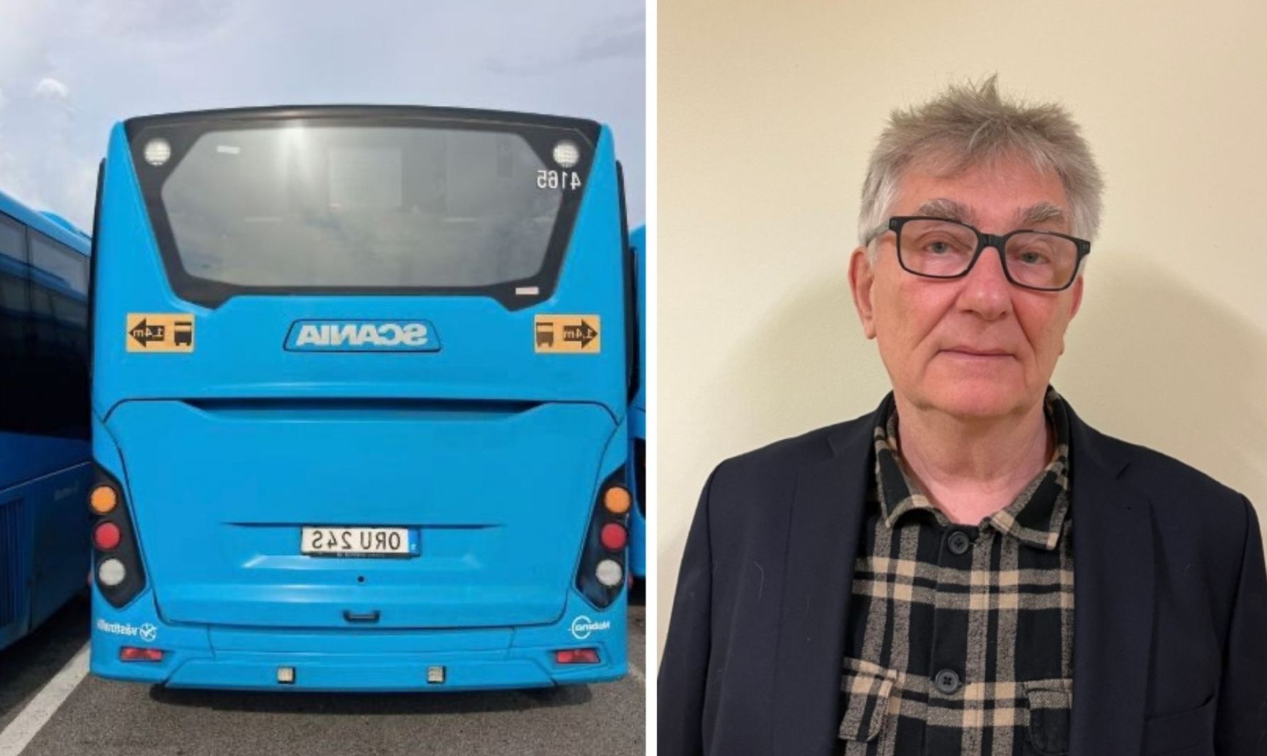 Foto på en buss som fått sin reklam nedriven. Peter Flink, vice ordförande SD Mark. Foto: Sverigedemokraterna Mark, Privat.&nbsp;
