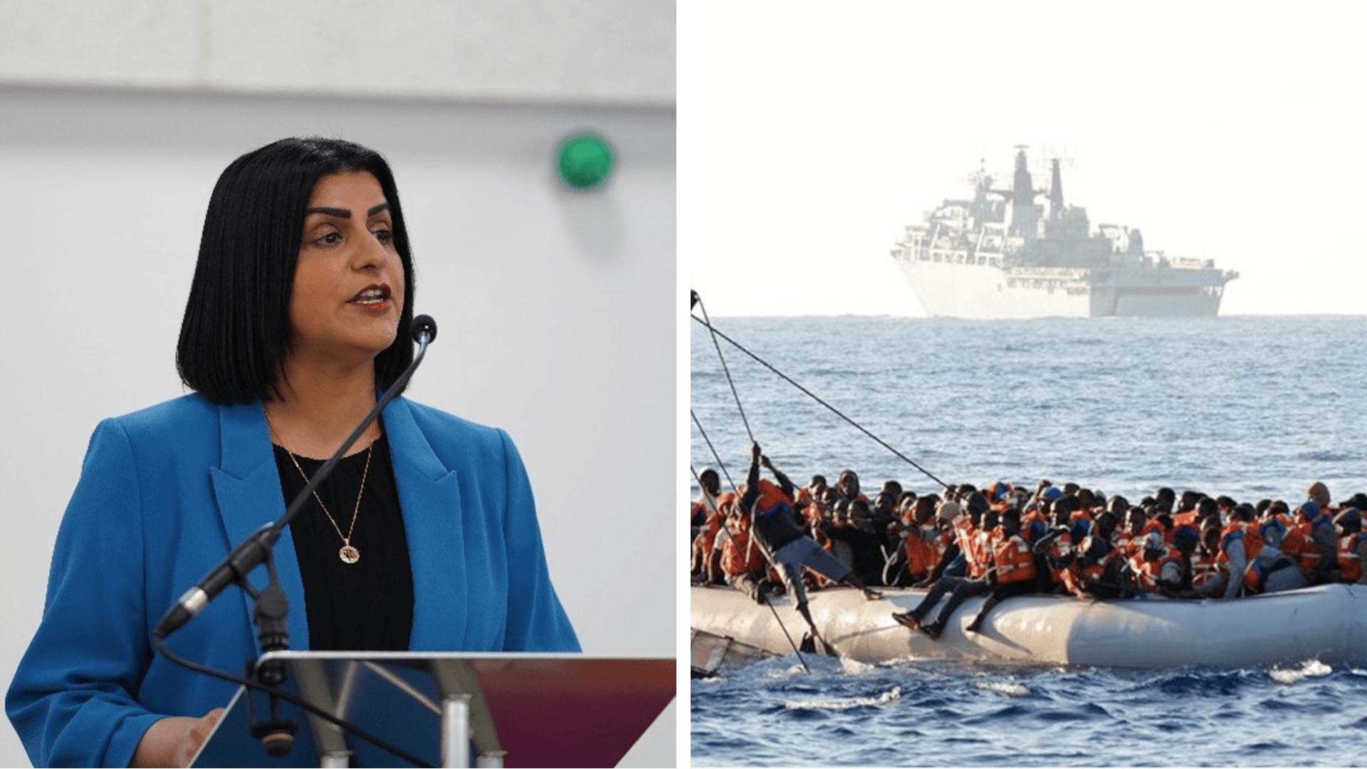 Shabana Mahmood och båtmigranter. Foto: Storbritanniens regering