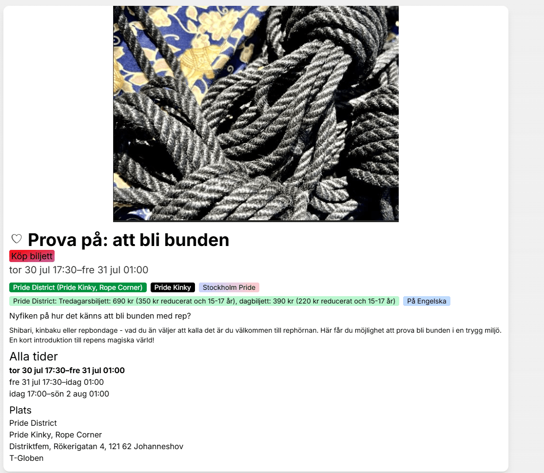 Ett av programmen för deltagarna var att man kan få prova på att bli bunden i en trygg miljö.
