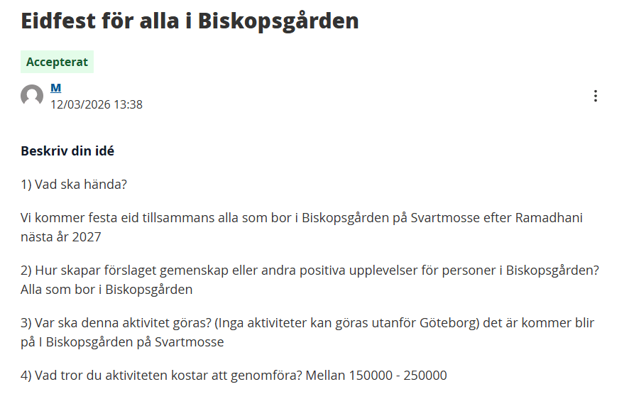 Förslaget ska skapa gemenskap för "alla som bor i Biskopsgården", enligt projektidén. Projektbudgeten landade på 300 000. Foto: Faksimil Göteborgs stad