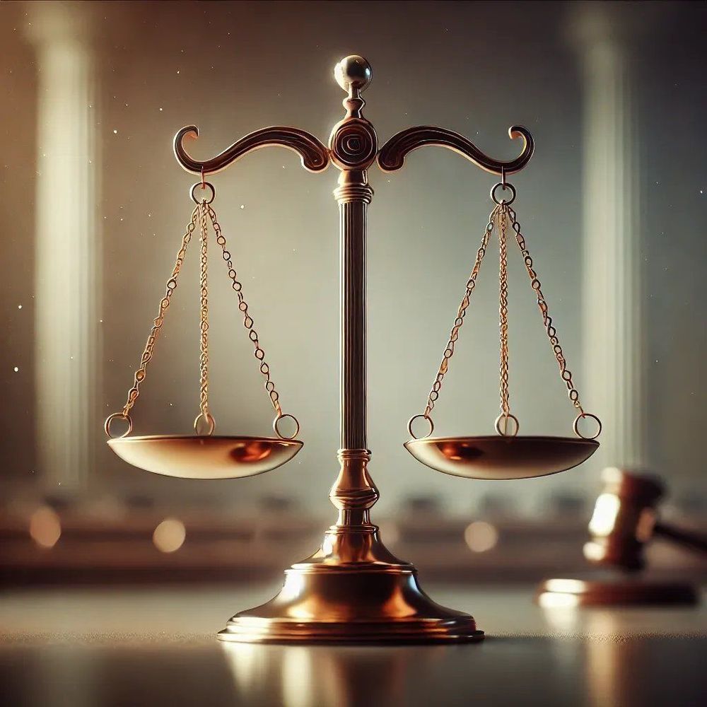 DALL-E-2024-10-15-08.33.56---A-refined-stock-image-style-illustration-symbolizing-justice--with-a-focus-on-balanced-scales-as-the-central-element.-The-scales-should-be-polished-an.webp