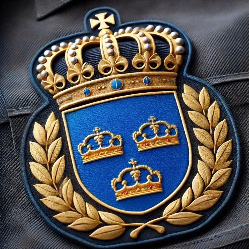 DALL-E-2024-10-17-09.32.09---A-high-quality-stock-image-of-the-Swedish-police-symbol--featuring-three-golden-crowns-on-a-blue-shield-with-a-royal-crown-on-top-and-a-laurel-wreath-.webp
