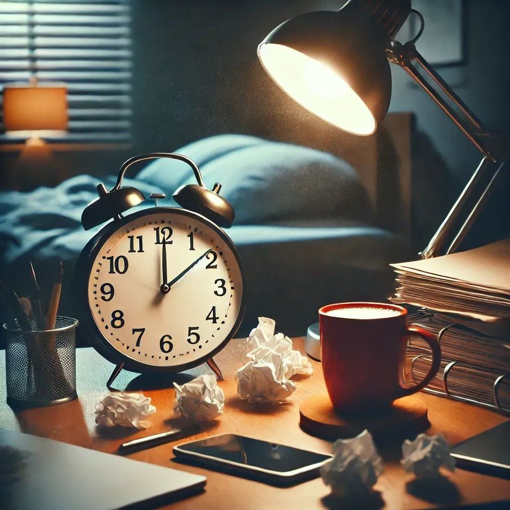 DALL-E-2024-11-02-10.44.07---A-scene-representing-a-late-on-time-theme-with-a-slightly-messy-workspace-or-bedroom.-A-clock-showing-a-late-hour--scattered-papers-or-items-indicatin.webp