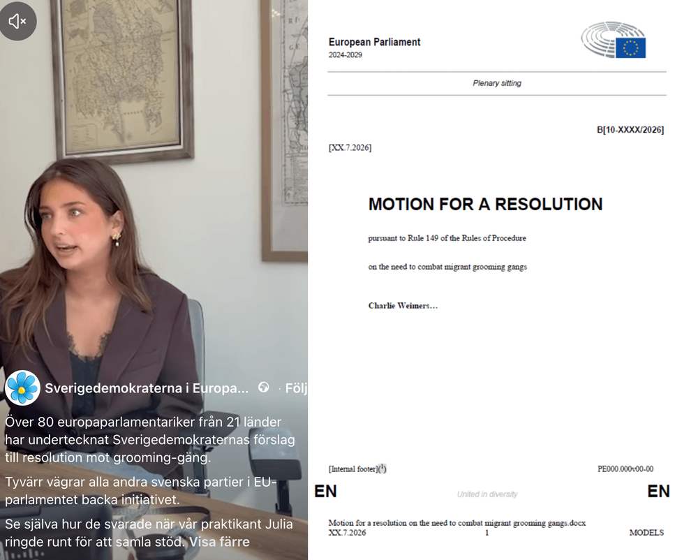 Över 80 EU-parlamentariker stöttar SD:s grooming-gäng-resolution – svenska partier tvärvägrar
