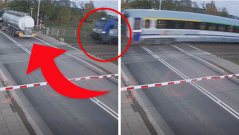 Här är tankbilen sekunder från att träffas av tåget