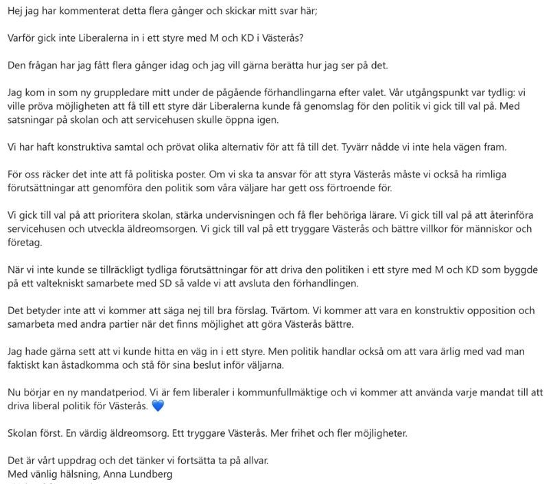 Anna Lundbergs svar i sin helhet. Foto: Skärmdump.