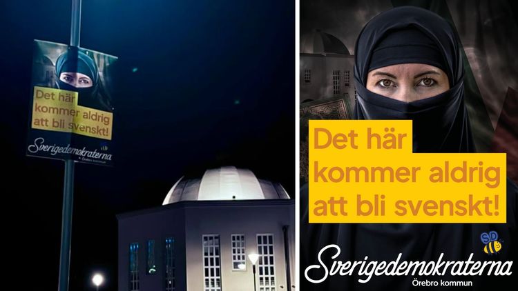 SD:s affisch vid moskén: "Kommer aldrig bli svenskt"