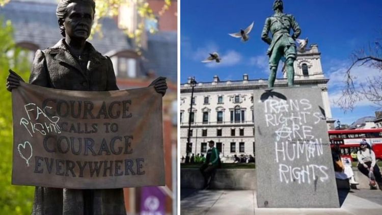 Transaktivister vandaliserar suffragettstatyer i London