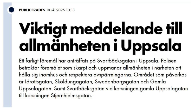 Bombrisk i Uppsala – VMA utfärdat