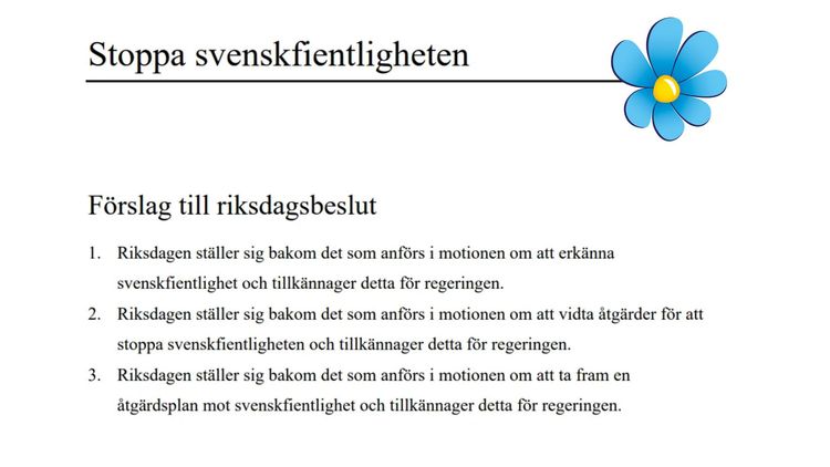 SD-motion: Stoppa svenskfientligheten