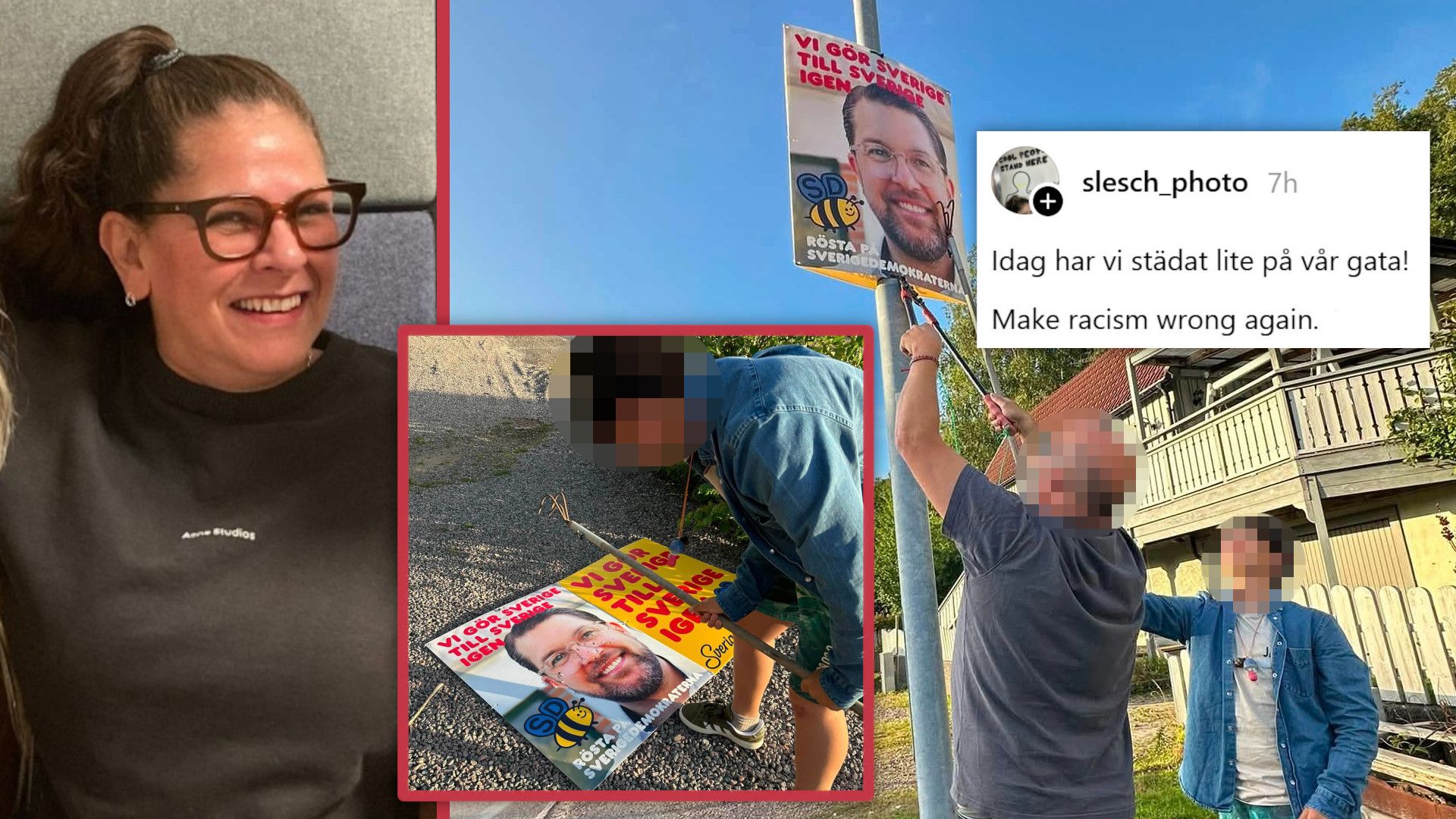 Här river socialchefen ned SD:s valaffischer – "städat lite"