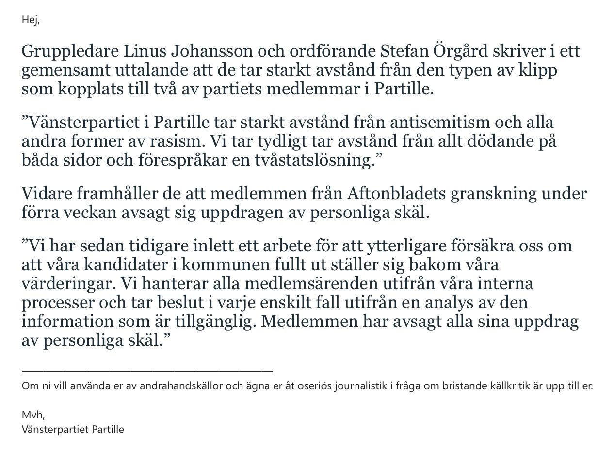 Svaret från Vänsterpartiet i Partille i sin helhet.&nbsp;
