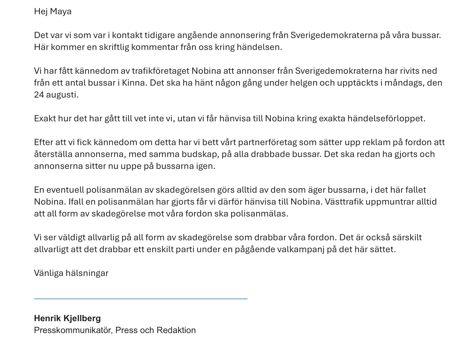 Svaret från Västtrafik i sin helhet. Foto: Skärmdump.&nbsp;